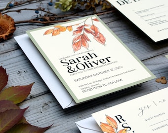 Fall wedding invitations with natural burlap ribbon are perfect for an autumn wedding theme, rustic wedding farm wedding, terracotta wedding