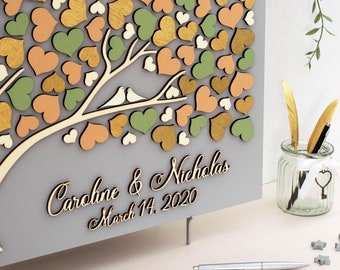 Clearance SALE - Wedding Guest Book Alternative Tree for 100 guests with gold and green hearts, Personalized Tree of Life for Summer Wedding
