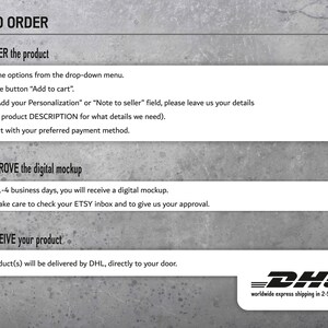 May include: How to order a product on Etsy: Select options, add to cart, personalise, checkout, approve digital mockup, receive product via DHL.