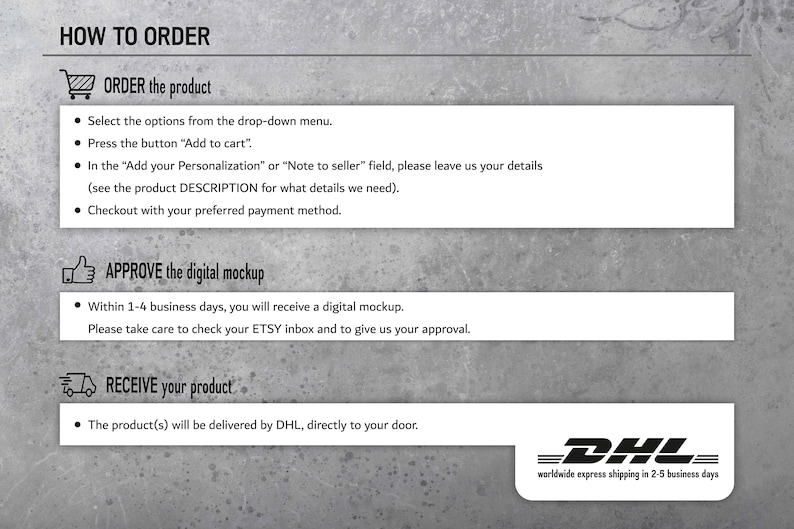 May include: How to order a product on Etsy: Select options, add to cart, personalise, checkout, approve digital mockup, receive product via DHL.