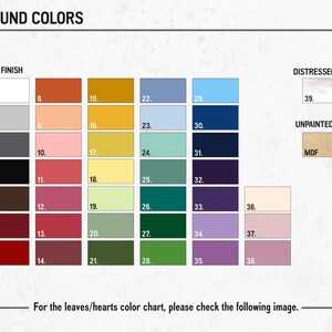 May include: Colour chart featuring 39 different paint colours, labelled with numbers 1 to 39. The chart is divided into three sections: Flat Finish, Distressed Finish, and Unpainted Finish. The colours range from white to black, with shades of grey, brown, red, orange, yellow, green, blue, and purple.