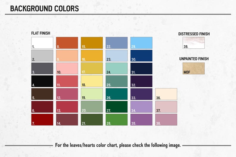 May include: Colour chart featuring 39 different paint colours, labelled with numbers 1 to 39. The chart is divided into three sections: Flat Finish, Distressed Finish, and Unpainted Finish. The colours range from white to black, with shades of grey, brown, red, orange, yellow, green, blue, and purple.