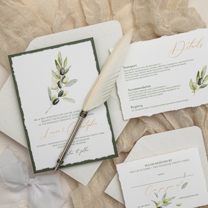 Greenery Wedding Invitations with olive leaves, Modern Minimalist wedding Invitations set, Personalized wedding invitation with rsvp cards