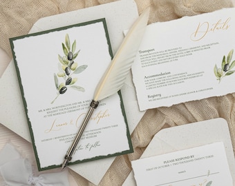Greenery Wedding Invitations with olive leaves, Modern Minimalist wedding Invitations set, Personalized wedding invitation with rsvp cards