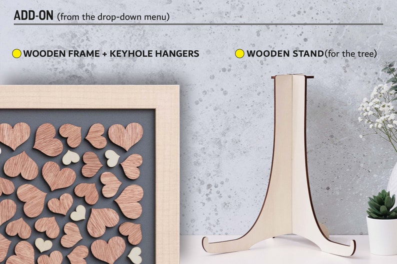 May include: Two options for displaying a wooden heart guest book: a wooden frame with keyhole hangers and a wooden stand. The frame is light brown and the stand is natural wood.