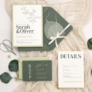 Sage green wedding invitations with natural leaf and ribbon, Bespoke invites suite, Invitation set with RSVP card, Modern wedding invitation
