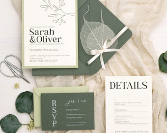 Sage green wedding invitations with natural leaf and ribbon, Bespoke invites suite, Invitation set with RSVP card, Modern wedding invitation