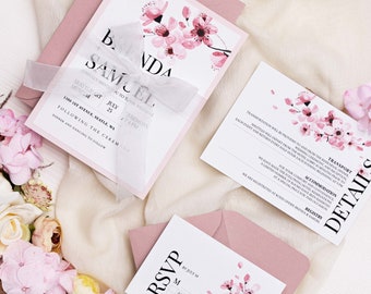 Blush wedding invitations with ribbon and cherry blossoms, Bespoke invites suite, Invitation set with RSVP, Modern wedding, pink theme