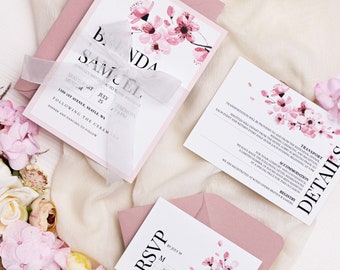 Hochzeitseinladungen in Blush mit Band und Kirschblüten, maßgeschneiderte Einladungssets, Einladungsset mit Antwortkarten, moderne Hochzeit, rosa Thema
