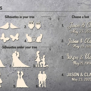 May include: A guide to personalising a wedding tree with different silhouette options for the tree and under the tree.  The guide also shows four different font options for the names and date.  The text reads: "Jason & Clara May 23, 2020".