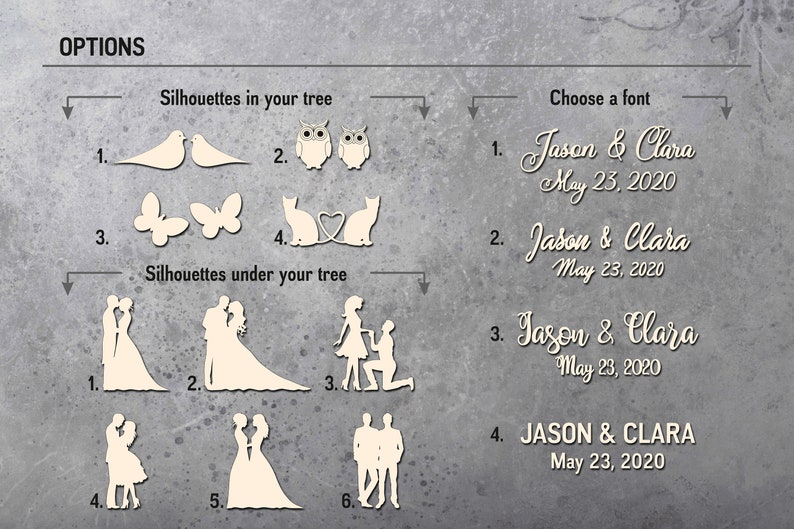 May include: A guide to personalising a wedding tree with different silhouette options for the tree and under the tree.  The guide also shows four different font options for the names and date.  The text reads: "Jason & Clara May 23, 2020".