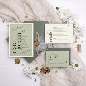 Salbeigrüne Hochzeitseinladungen mit natürlichem Blattband und goldenem Wachssiegel, Maßgeschneiderte Einladungen, Einladungsset mit RSVP, Moderne Hochzeit