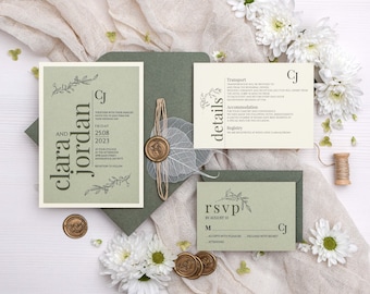 Sage green wedding invitations with natural leaf ribbon and gold wax seal, Bespoke invites suite, Invitation set with rsvp, Modern wedding