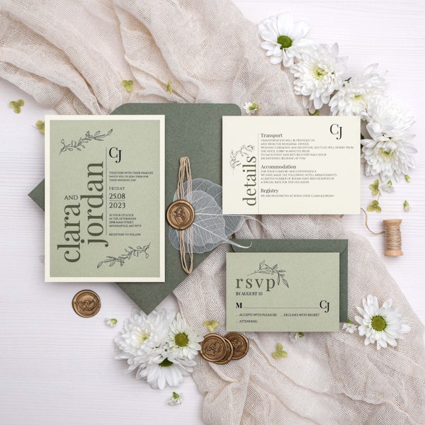 Sage green wedding invitations with natural leaf ribbon and gold wax seal, Bespoke invites suite, Invitation set with rsvp, Modern wedding