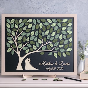 Libro degli ospiti magnetico per matrimonio, alternativo all'Albero della vita con foglie verdi. Libro degli ospiti personalizzato con pezzi di legno 3D per un tema di matrimonio personalizzato.
