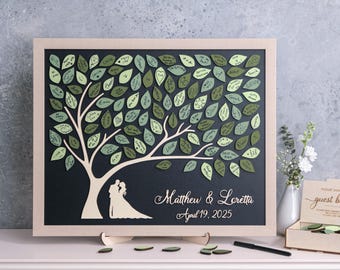 MAGNETIC Wedding Guest Book Tree of Life alternative with green leaves Personalized guestbook with 3D wooden pieces for custom wedding theme