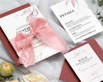 Watercolor Wedding Invitations with ribbon, Floral Wedding Invitations, Wedding Invitation set with RSVP, Rose gold Wedding Invitations