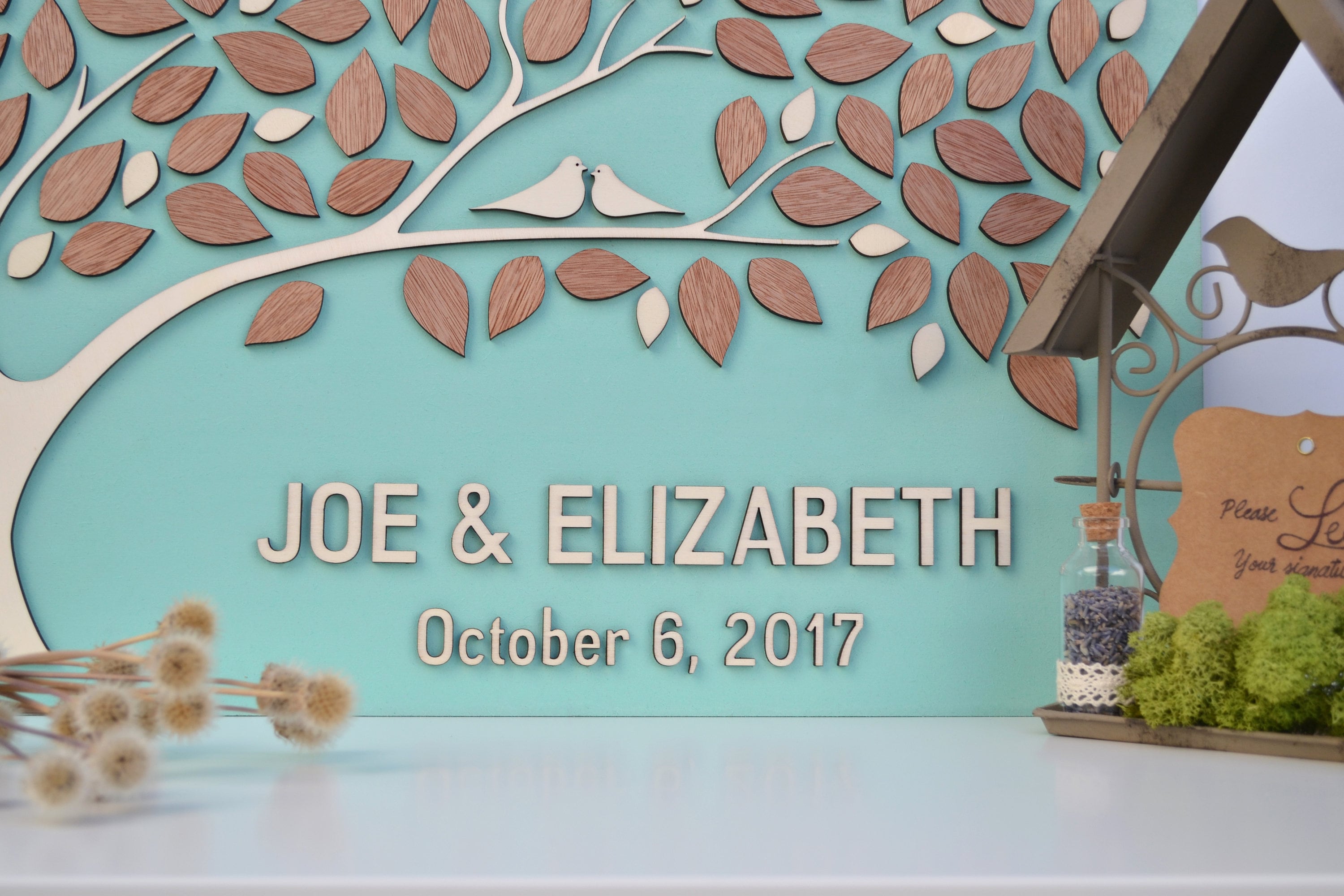 3D Tree Guest Book personalized rustic guestbook alternative wooden tree leaves shower guest book mint wedding artwork journal sign love