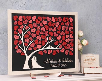 Magnetic Wedding Guest Book Tree – Personalized Wedding Guestbook with Red Hearts – Wedding Decor