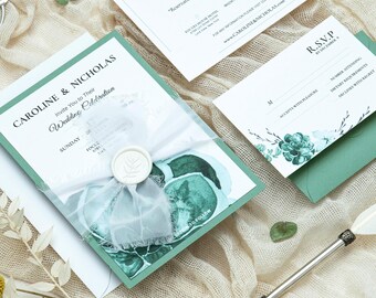 Greenery Wedding Invitations with flowers, Modern watercolor wedding Invitations set, Personalized wedding invitation with rsvp cards