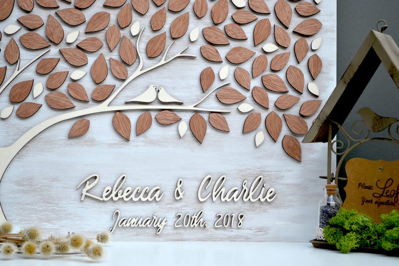 3D CUSTOM Wedding guest book alternative tree wood Love Tree Custom unique guest book leaves Rustic wedding Rustic wooden tree Tree of life image 2