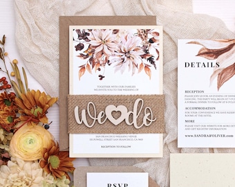Fall wedding invitations with natural burlap ribbon are perfect for an autumn wedding theme, rustic wedding farm wedding, terracotta wedding