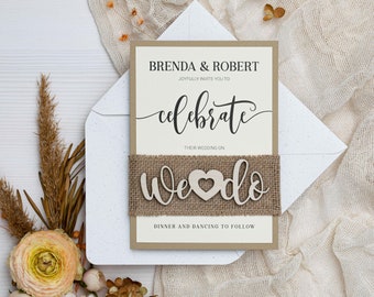 Rustic wedding invitations with natural burlap ribbon are perfect for a rustic wedding theme, fall wedding, farm wedding, country wedding