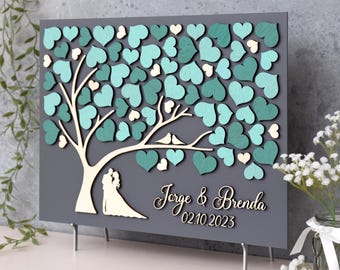 Wedding Guest Book Alternative Teal Heart Wood Sign with Pen for Unique Wedding Reception