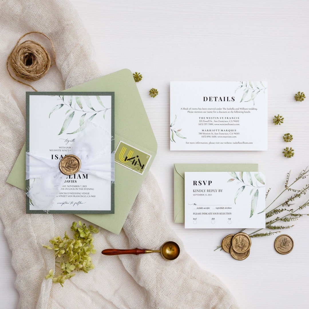 Sage Green Wedding Invitations With Eucalyptus Leaves, Silk Ribbon, and ...