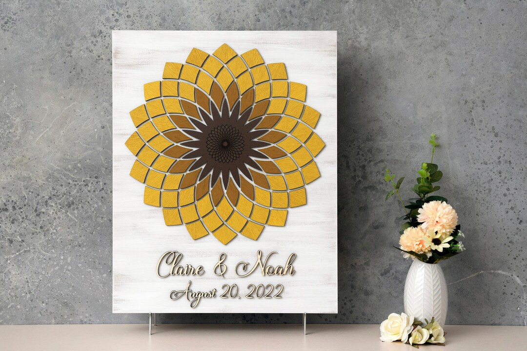 SUNFLOWER Wedding Guest Book, Sunflower Guest Book Alternative Wood