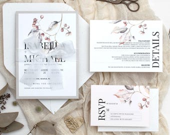 Custom wedding invitations with ribbon, Invitation set with RSVP, Bespoke invites suite, Modern Floral Watercolor Wedding Invitation