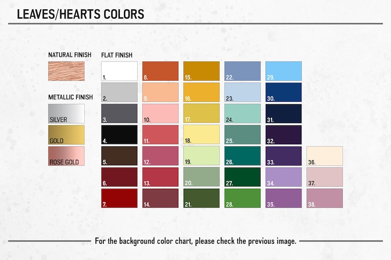 May include: Colour chart displaying 38 different colours for leaves and hearts. The colours are arranged into three categories: Natural Finish, Flat Finish, and Metallic Finish. Each category has a row of colours, with the colour numbers listed below each swatch.