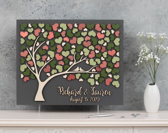 3D Rose Gold Wedding guest book alternative tree wood Custom unique guest book hearts leaves Rustic wedding Rustic wooden tree Tree of life