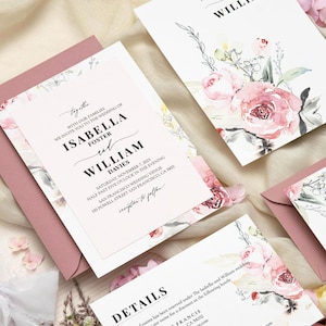 Blush roze trouwkaarten met lint, bloemen trouwkaarten, op maat gemaakte uitnodigingssuite, uitnodigingsset met RSVP, moderne bruiloft