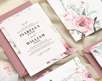 Blush pink Wedding Invitations with ribbon, Floral Wedding Invitations, Bespoke invites suite, Invitation set with RSVP, Modern wedding
