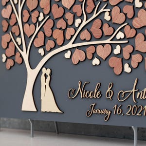 Alternativa al libro degli ospiti con albero dell'amore 3D con penna - Libro degli ospiti rustico personalizzato per matrimonio con cuori in legno - Albero della vita unico per sposi