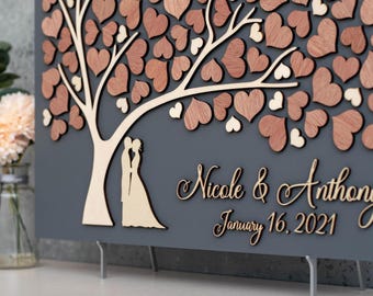 3D Love Tree Guest Book Alternative with pen - Custom Rustic Wedding Guestbook with wooden Hearts - Unique Tree of Life for Bride & Groom