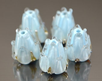 Pale blue flower lampwork beads, Light blue glass flower beads, Crystal blue glass beads, Blue gold beads, Artisan lampwork