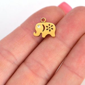 Stainless Steel Tiny Elefant charm, Gold color elefant charm, Rhinestone elefant pendant