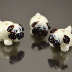 Handmade glass dog, Animal bead charms, Home animal, Pet beads, Lampwork beads, Lampwork dog bead, Pug dog bead, White animals, Beige brown
