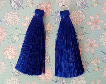 Extra thick Dark cobalt blue silk tassels 3 inch (7.5cm) with silver Jump ring, Tassel bag pendant, Mala tassels bag charm High quality