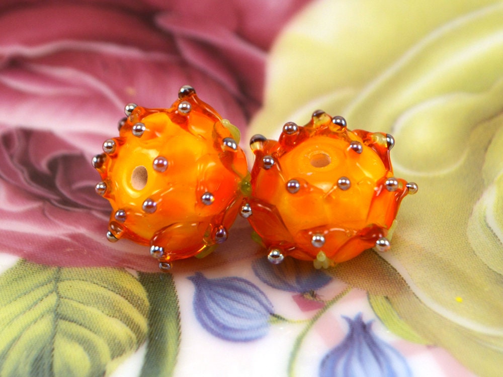 Orange Glass Flower Beads With Silver Dots Bright Beads Etsy