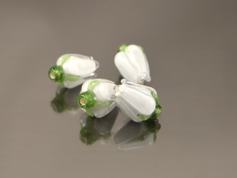 White Lampwork Rose Buds handmade glass beads flower beads miniature flower artisan beads bead garden wedding decor jewelry making diy image 2
