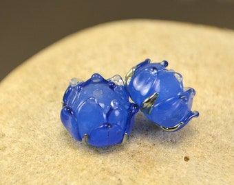 Jelly blue lampwork beads, Flower glass beads, Floral lampwork, Jewelry making beads, Blue flower beads, Artisan lampwork Beads for earrings