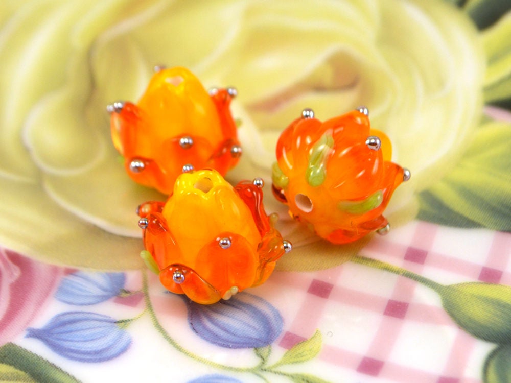 Orange Glass Beads Orange Flower Beads Handmade Lampwork Etsy