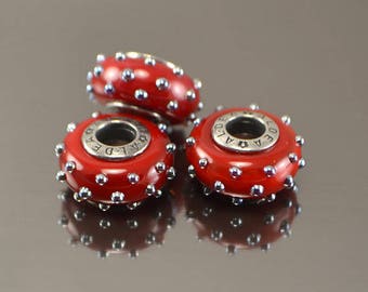 Red european glass bead for bracelet with silver dots, Large hole lampwork bead, Red glass bead, Charm bead, Handmade lampwork