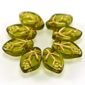 20pcs Olive Green leaf beads, Gold lines venues 7*12mm, Czech pressed glass leaves