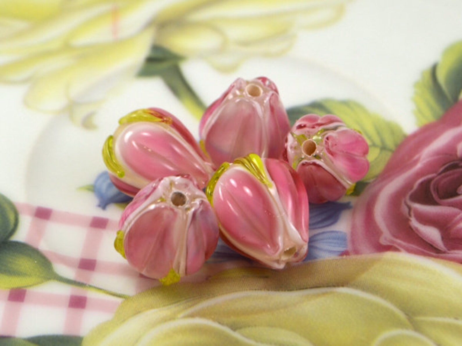 Pink Floral Beads With Grean Leaves Lampwork Flower Beads Etsy