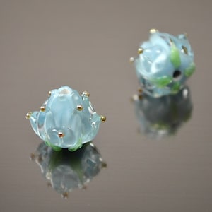 Handmade flower lampwork beads Floral Artisan glass light blue  silver/gold dots tender gentle wedding jewelry making delicate green leaf