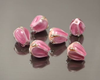 Lampwork beads, Flower Buds beads, handmade flower lampwork beads, lampwork flower beads, artisan lampwork beads, rose wine/gold leaves